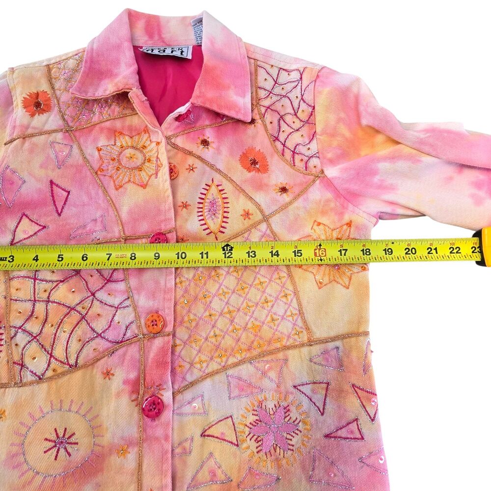 Keren Hart Denim Jacket Size S Pink Yellow Tie Dye Abstract Art Colorful Casual - Picture 3 of 9